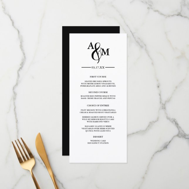 Menu Plat de Mariage à Monogramme Noir et Blanc Mo (Devant/Arrière en situation)