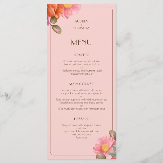 Menu Plat de Mariage aux Coquelicots Aquarelle Ros (Devant)