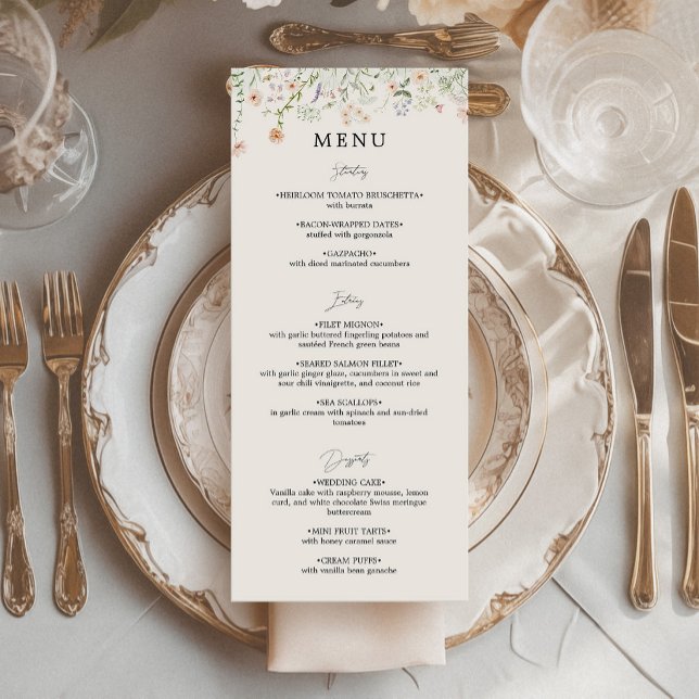 Menu plat de mariage aux fleurs sauvages rustique  (Créateur téléchargé)