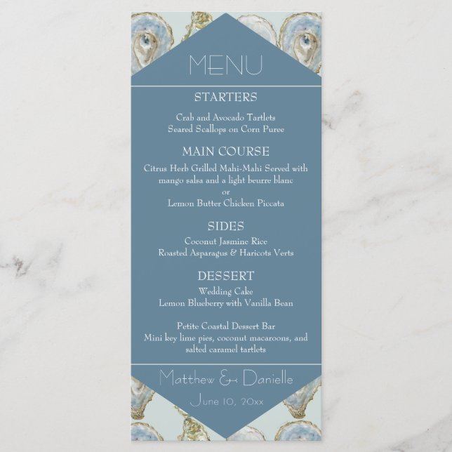 Menu plat de mariage aux huîtres à l'aquarelle (Devant)