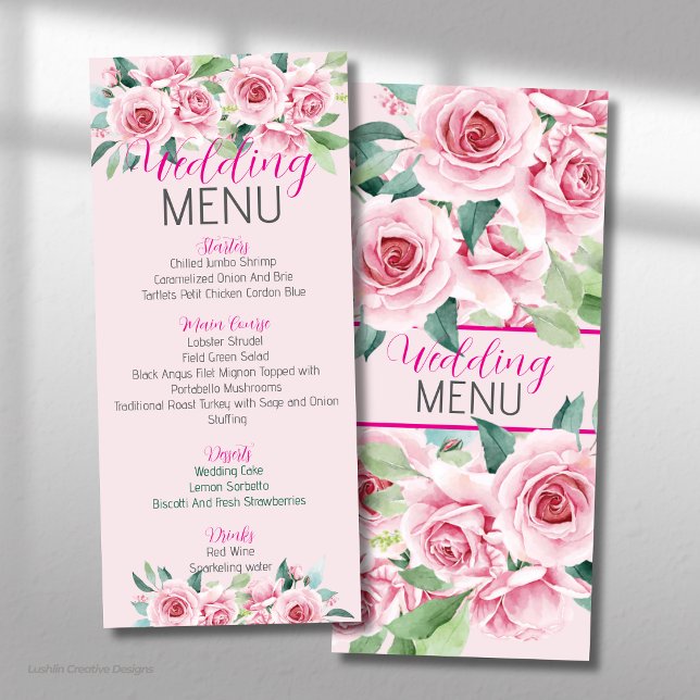Menu Plat de Mariage aux Roses Aquarelles Roses (Créateur téléchargé)