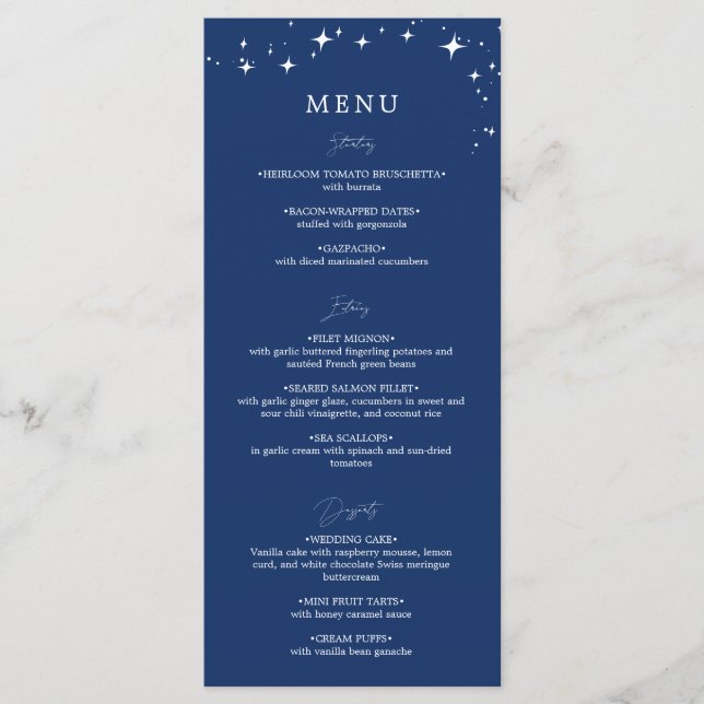 Menu plat de mariage bleu marine élégant céleste (Devant)