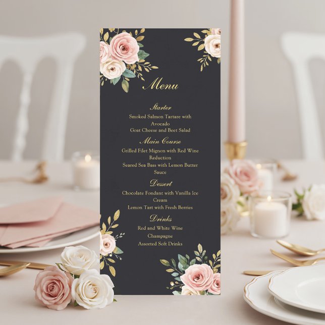 Menu Plat de Mariage Élégant Roses Noires et Dorée (Créateur téléchargé)