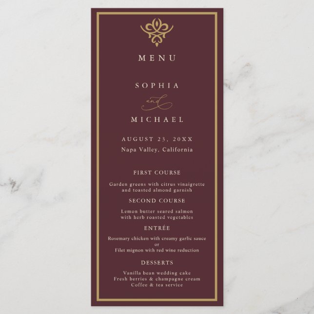 Menu plat de mariage en Bourgogne Ancien Argent (Devant)