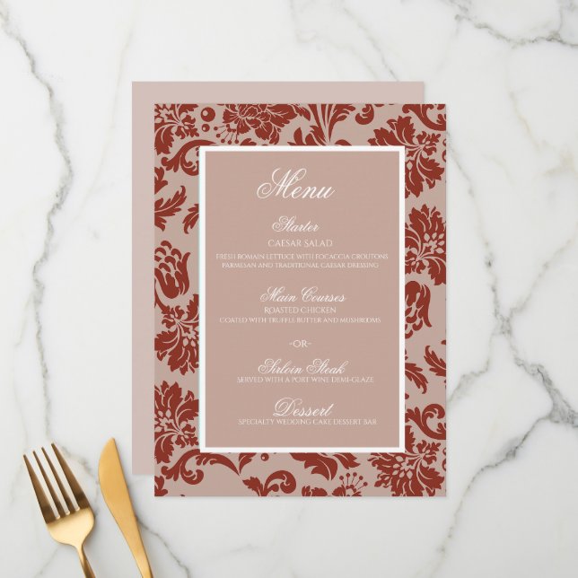 Menu plat de mariage en damas cuivré rouille (Devant/Arrière en situation)