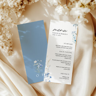 Menu Plat de Mariage Monogramme Fleurs Sauvages Bl