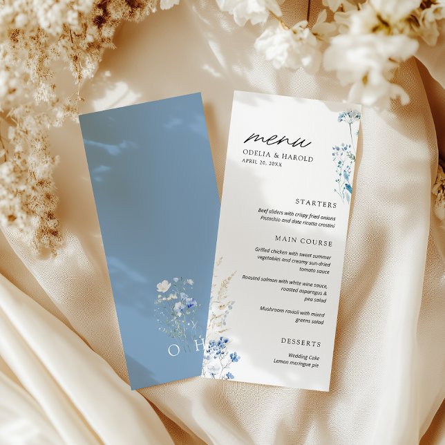 Menu Plat de Mariage Monogramme Fleurs Sauvages Bl (Créateur téléchargé)