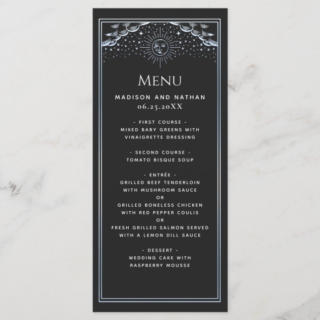 Menu plat de mariage Tarot Soleil et Lune argenté (Devant)