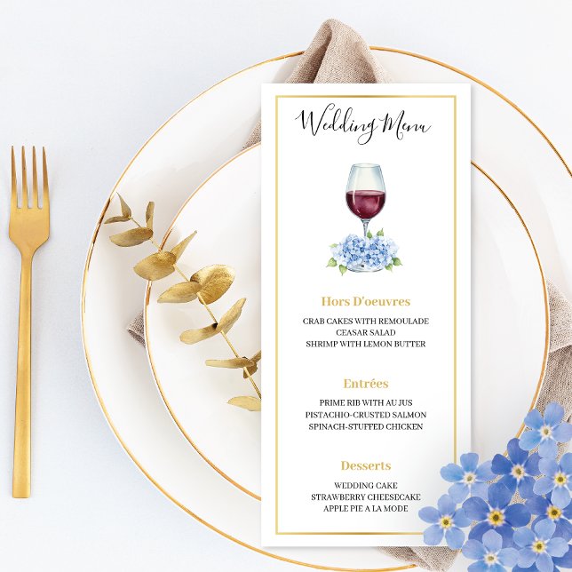 Menu Plat de Mariage Verre à Vin Hydrangeas Bleus (Créateur téléchargé)
