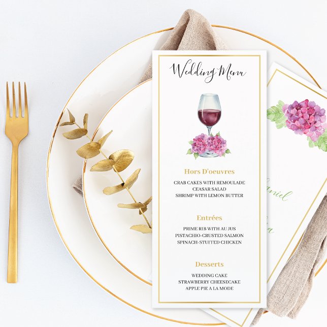 Menu Plat de Mariage Verre à Vin Hydrangeas Roses (Créateur téléchargé)