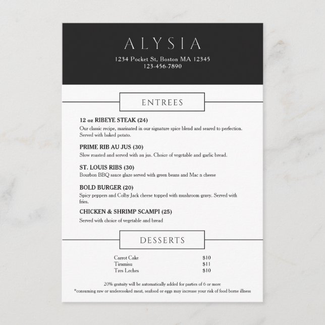 Menu plat de steakhouse moderne gras (Devant)