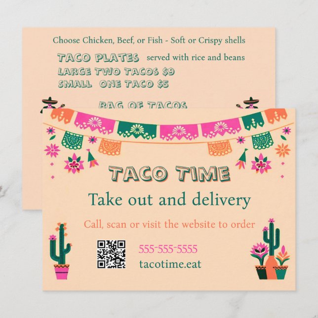 Menu plat de tacos à emporter ou à livrer de la no (Devant / Derrière)