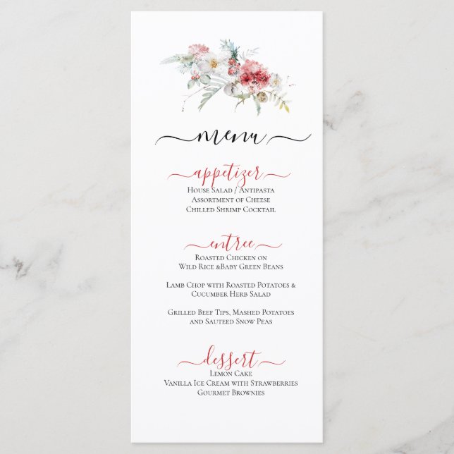 Menu plat d'illustrations florales à thème d'hiver (Devant)