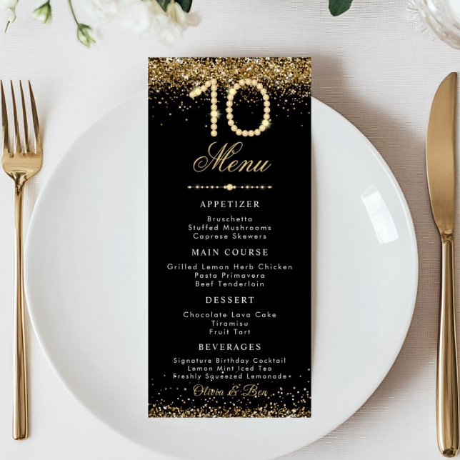 Menu plat du dîner du 10e anniversaire de Gold Dia (Gold Diamond 10th Anniversary wedding Menu card)