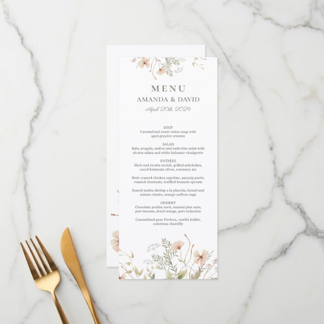 Menu plat du Mariage Fleur sauvage périphérique (Devant/Arrière en situation)