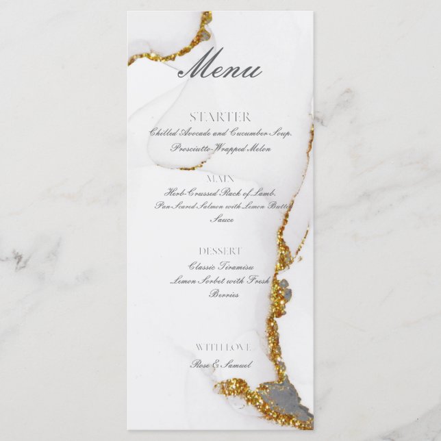 Menu plat en or pailleté fait main à l'encre d'alc (Devant)