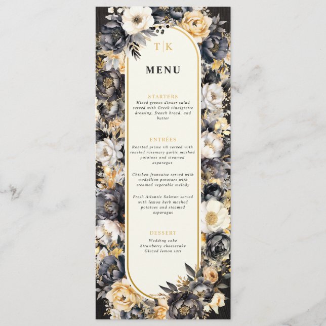 Menu Plat Floral Noir & Or (Devant)