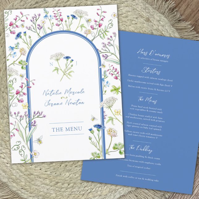 Menu plat mariage aquarelle fleurs sauvages bleues (Créateur téléchargé)