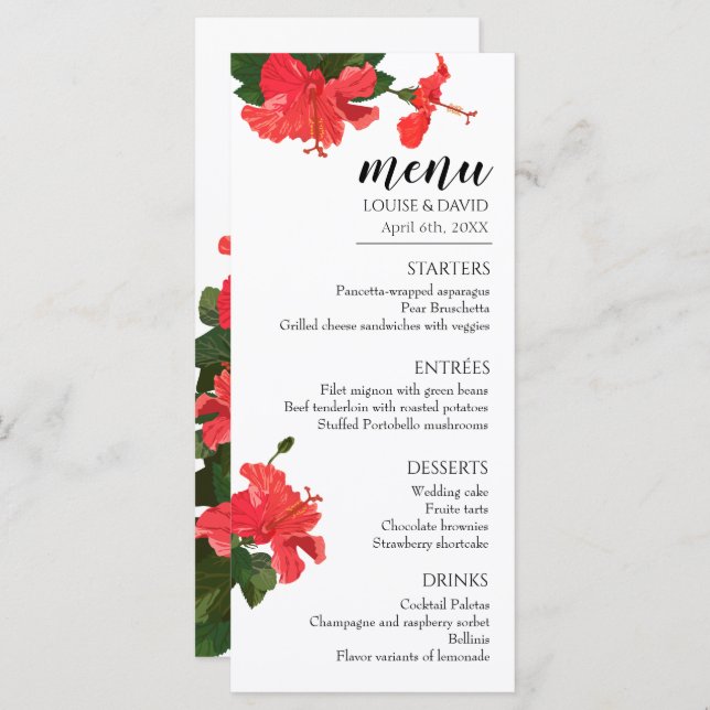 Menu plat mariage avec fleurs Hibiscus (Devant / Derrière)