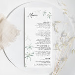 Menu plat Mariage blanc vert moderne<br><div class="desc">Ce design moderne de menu plat mariage blanc verdoyant propose un mélange facile et des styles coordonnés en noir et blanc avec des éléments de verdure délicats ajoutant une floraison gracieuse autour d'une simple typographie sophistiquée et un joli script de calligraphie minimale. L'eucalyptus à l'aquarelle et d'autres feuilles botaniques s'arment...</div>
