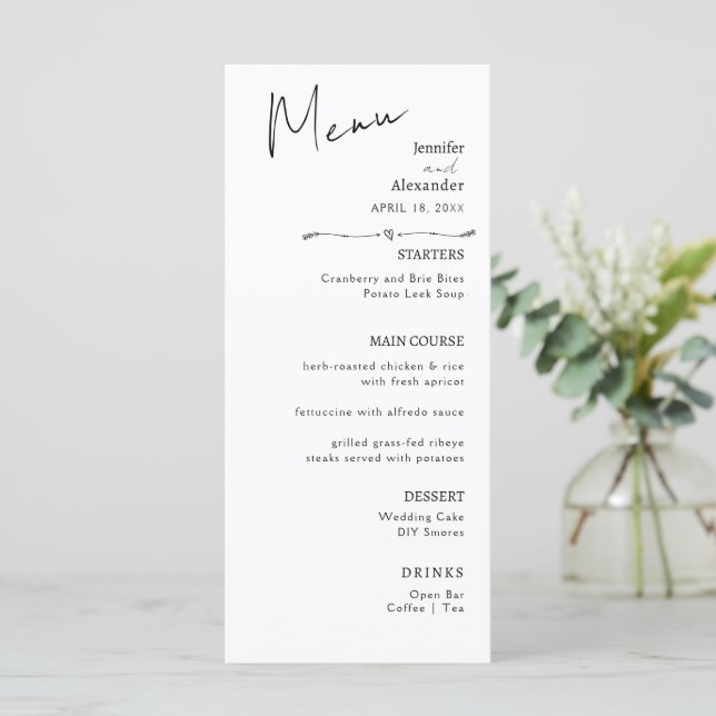 Menu plat mariage Calligraphie moderne minimaliste (Debout devant)