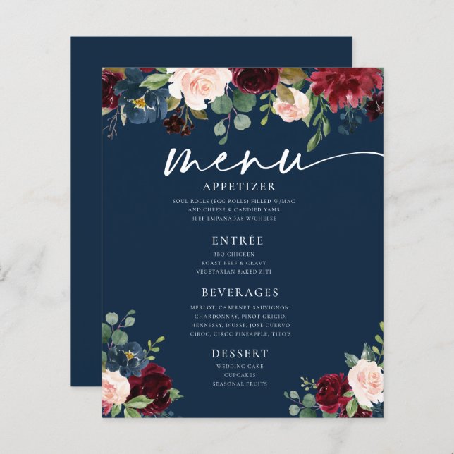 Menu plat Mariage floral Blush de la marine bordea (Devant / Derrière)