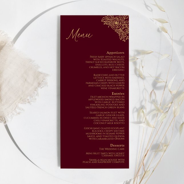 Menu Plat Mariage Floral Or Bourgogne (Créateur téléchargé)