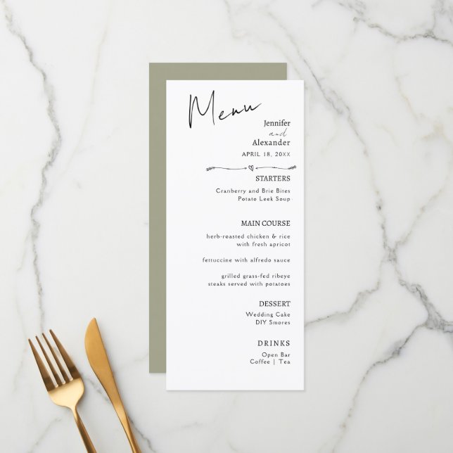 Menu plat mariage minimaliste moderne. (Devant/Arrière en situation)
