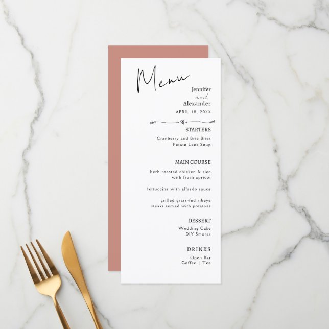 Menu plat mariage minimaliste moderne. (Devant/Arrière en situation)