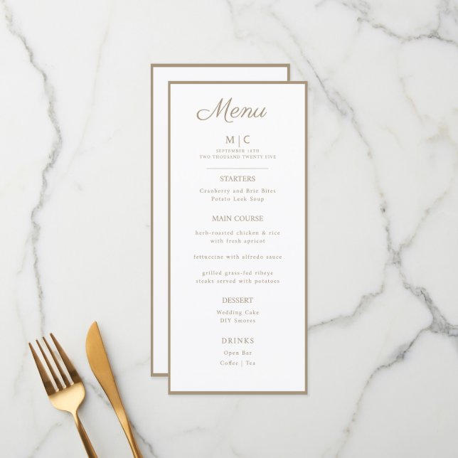 Menu plat mariage minimaliste moderne. (Devant/Arrière en situation)