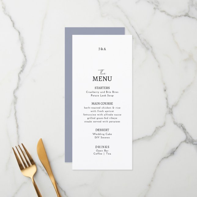Menu plat mariage minimaliste moderne. (Devant/Arrière en situation)