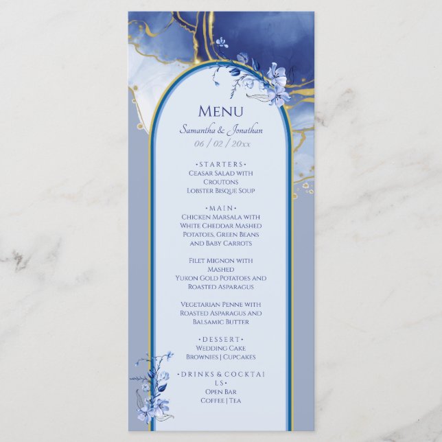 Menu plat moderne en marbre bleu Mariage (Devant)