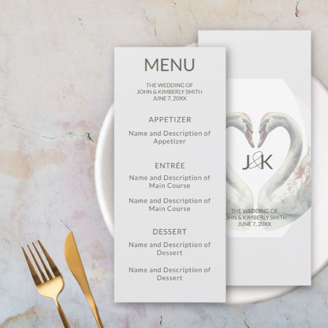 Menu plat Monogramme Mariage Swan (Swan Wedding Monogram Flat Menu (front and back))