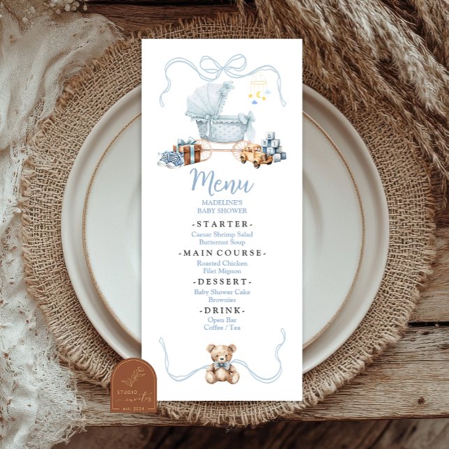 Menu plat pour Baby Shower Blue Coquette Baby Carr (Créateur téléchargé)