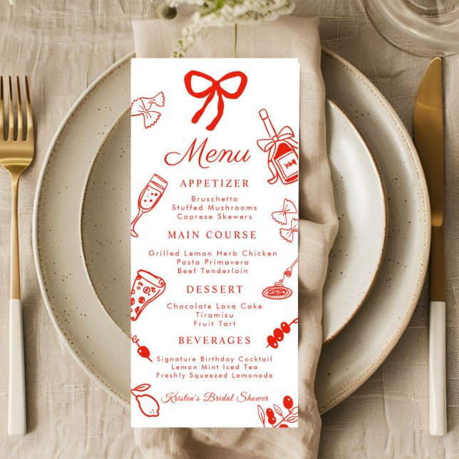 Menu plat pour Baby Shower italien Rouge & Blanc (That's amore Italian Menu Card)
