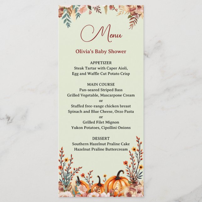 Menu plat pour Baby Shower sur le thème des citrou (Devant)