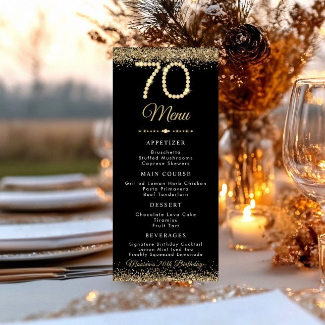 Menu plat pour dîner d'anniversaire 60 ans Gold Di (Gold Diamonds 70th Birthday Dinner menu card)