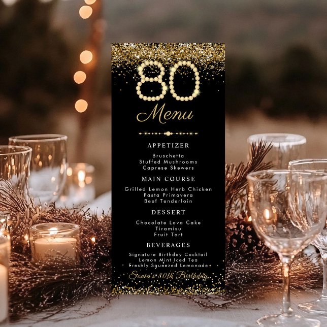 Menu plat pour dîner d'anniversaire 80 ans Gold Di (Gold Diamonds 80th Birthday Dinner Menu card)