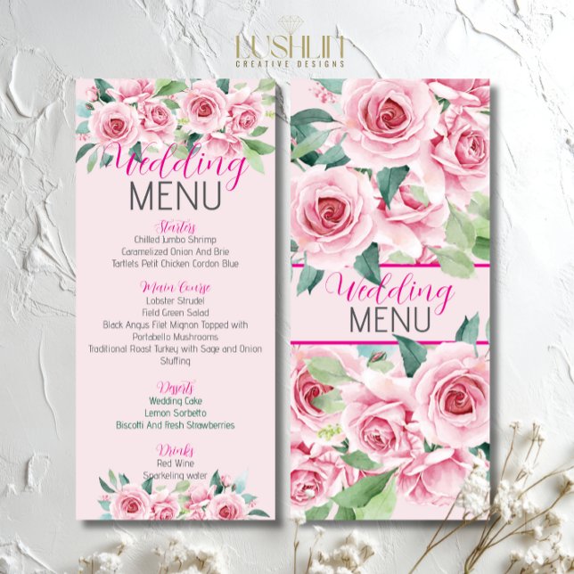 Menu plat Rose Mariage Aquarelle rose (Créateur téléchargé)