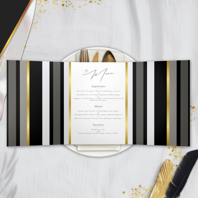 Menu Plié Mariage Élégant Rayure Noir Gris Or (Créateur téléchargé)