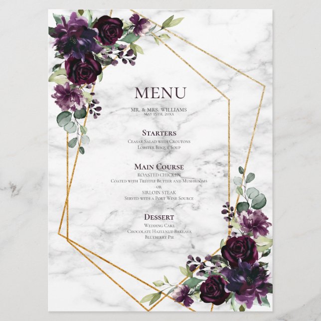 Menu Plum géométrique or Marbre violet Mariage floral (Devant)