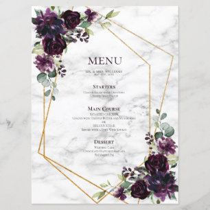 Menu Plum géométrique or Marbre violet Mariage floral