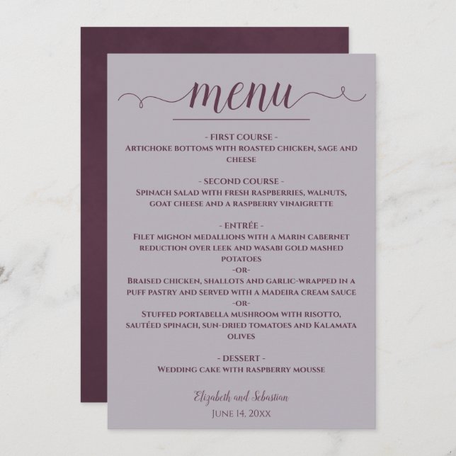 Menu Plum simple élégant sur Dusty Lavender Mariage (Devant / Derrière)