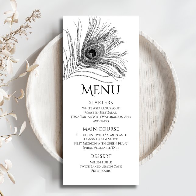 Menu Plume de Paon Chic Pailleté Argent Bar Mitzvah (Créateur téléchargé)