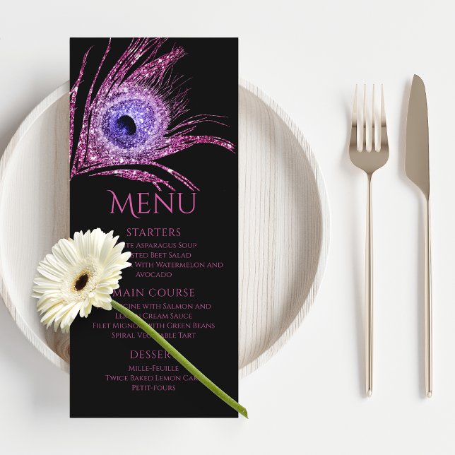 Menu Plume de Paon Chic Paillettes Rose Bar Mitzvah (Créateur téléchargé)