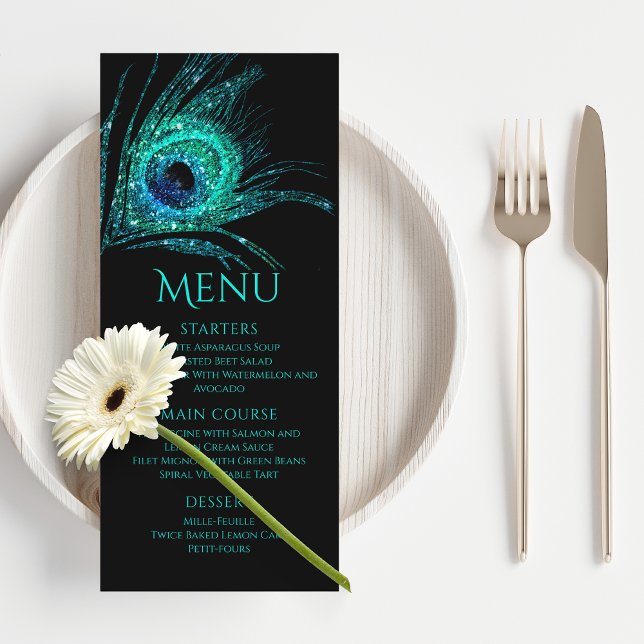 Menu Plume de Paon Chic Paillettes Turquoise Bar Mitzva (Créateur téléchargé)