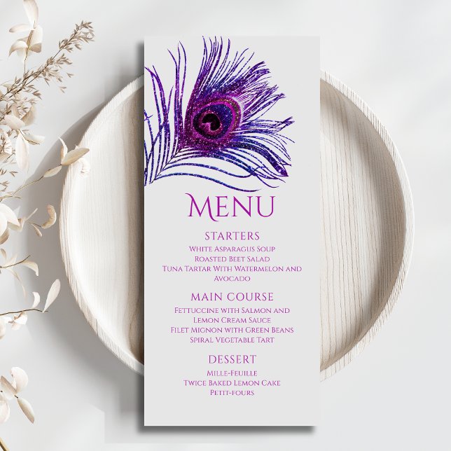 Menu Plume de Paon Chic Paillettes Violet Bat Mitzvah (Créateur téléchargé)