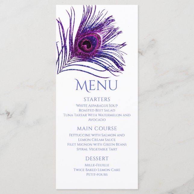 Menu Plume de Paon Chic Paillettes Violet Bat Mitzvah (Devant)