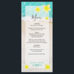 Menu Plumeria jaune Frangipani Plage tropicale Mariage<br><div class="desc">Ce design présente des fleurs frangipani/plumeria jaunes sur un arrière - plan de plage tropical. Un design tropical élégamment encadré de fleurs frangipanières jaunes et de formulation centrée. Le numéro du tableau est mis en valeur par une couleur turquoise choisie dans l'eau de l'océan. Ces fleurs tropicales populaires d'Hawaii sont...</div>