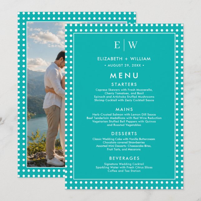 Menu Points blancs sur sarcelle – Mariage personnalisé (Devant / Derrière)